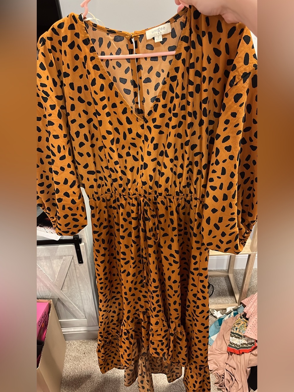 Umgee Rust Brown Black Spotted V-Neck Midi Dress